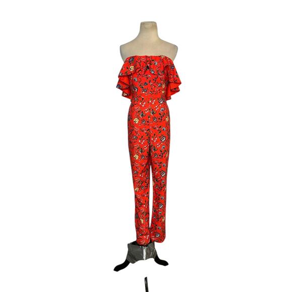 Gianni Bini red green floral strapless ruffled jumpsuit size 6 - Picture 13 of 16